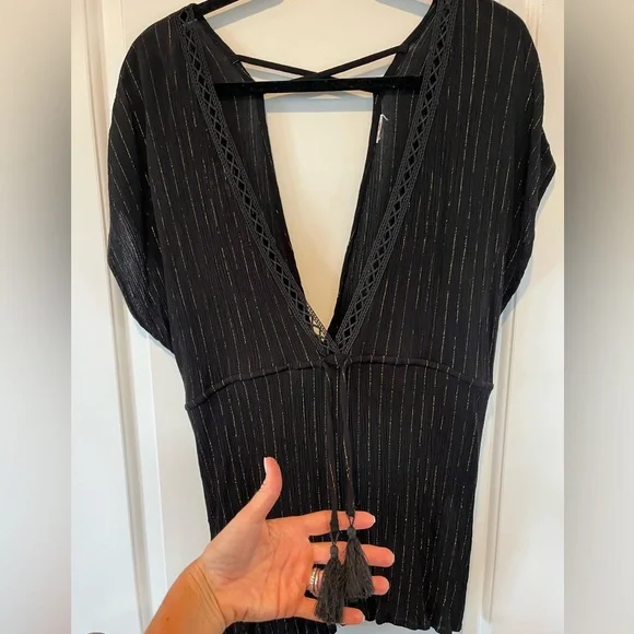 💜 Xhilaration - Black & Metallic Gold Swim Beach Coverup Dress - Deep V - Small - Picture 3 of 8